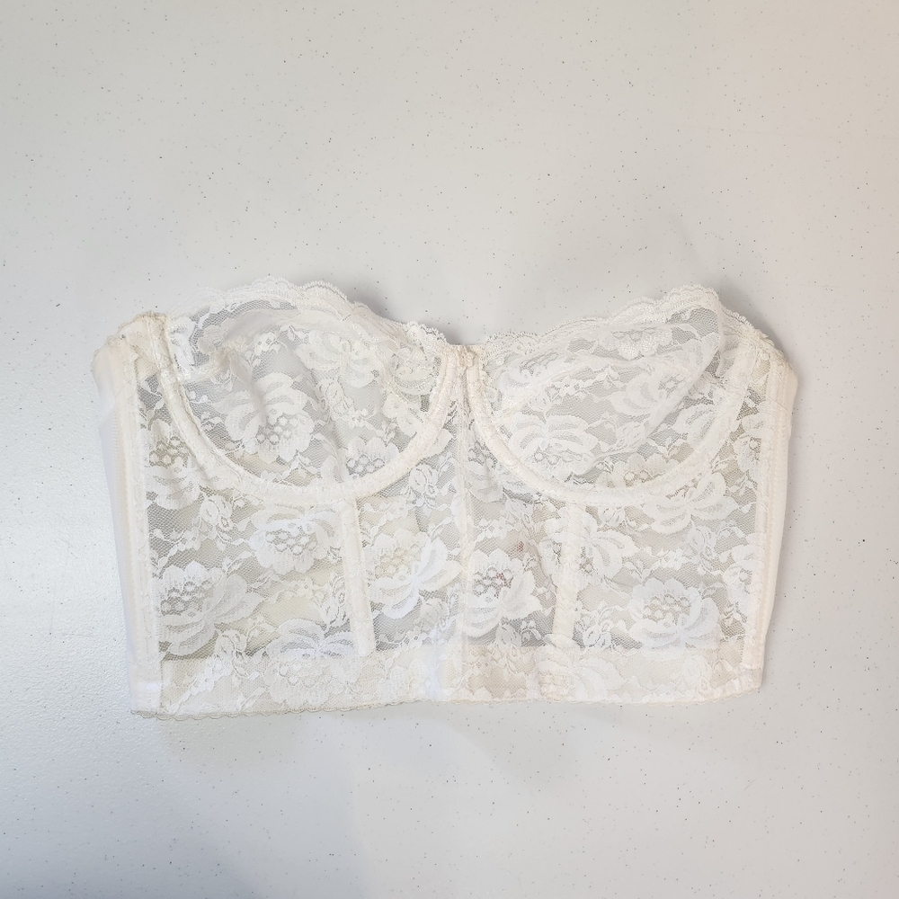 Vintage White Lace Bustier Long Line Bra Vogue 38B Bridal Lingerie Sheer Cosplay